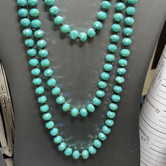 60" Gorgeous Teal Turquoise Blue Hand Knotted Glass Faceted Flapper Beads Vntg - Picture 2 of 10